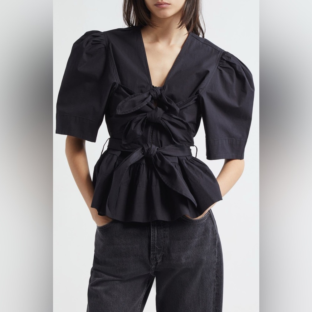 Ganni Bow front puff sleeve organic Black Women's Top size 32
